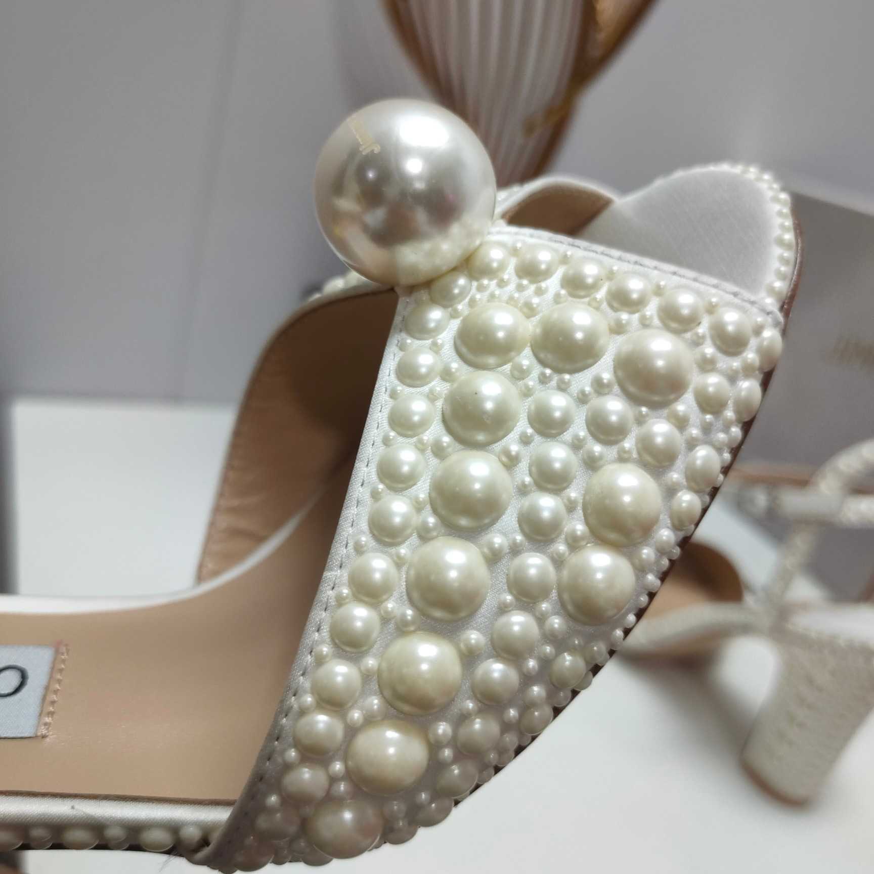 Jimmy Choo Sacaria White Satin Sandals With All-Over Pearl Embellishment - EUR FASHION