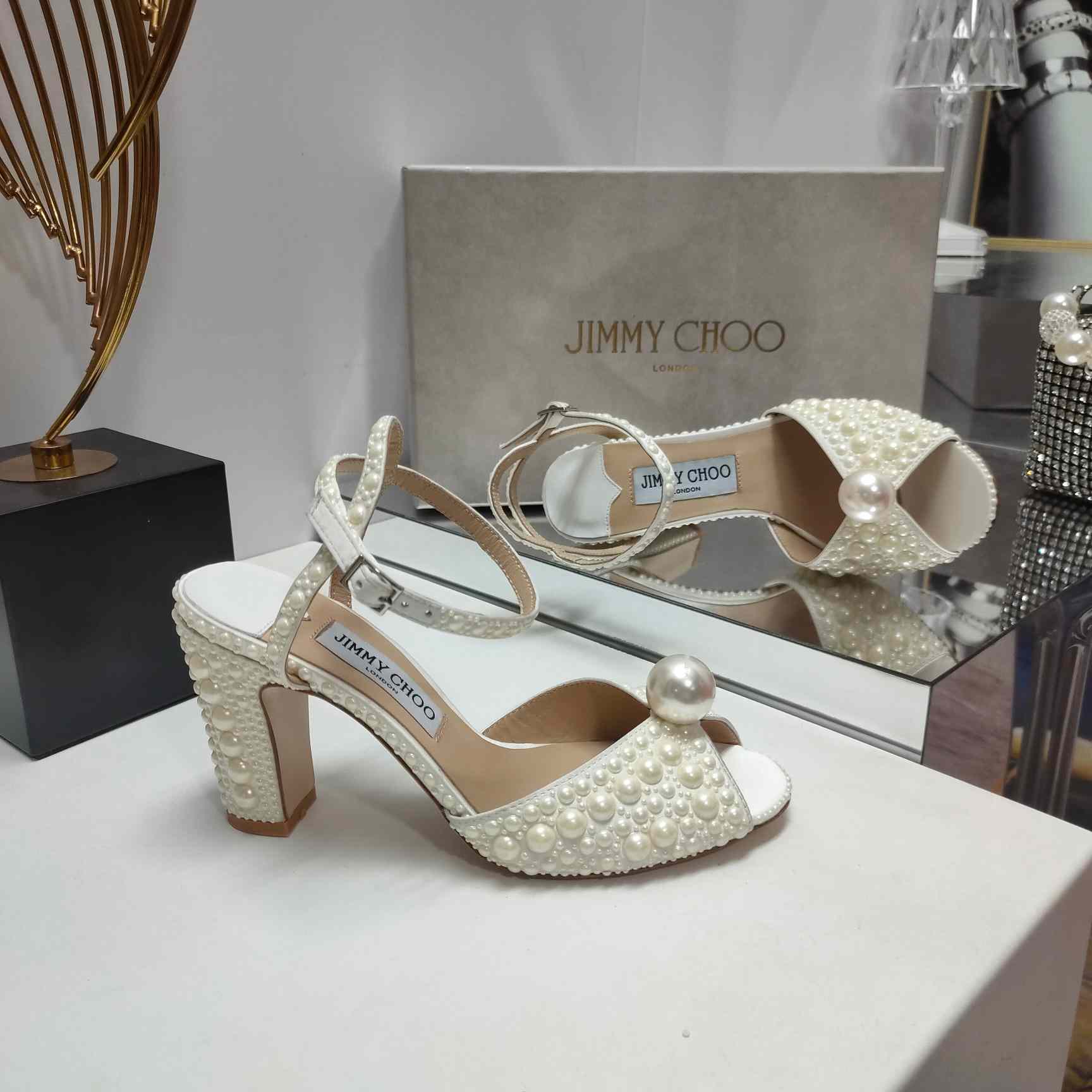 Jimmy Choo Sacaria White Satin Sandals With All-Over Pearl Embellishment - EUR FASHION