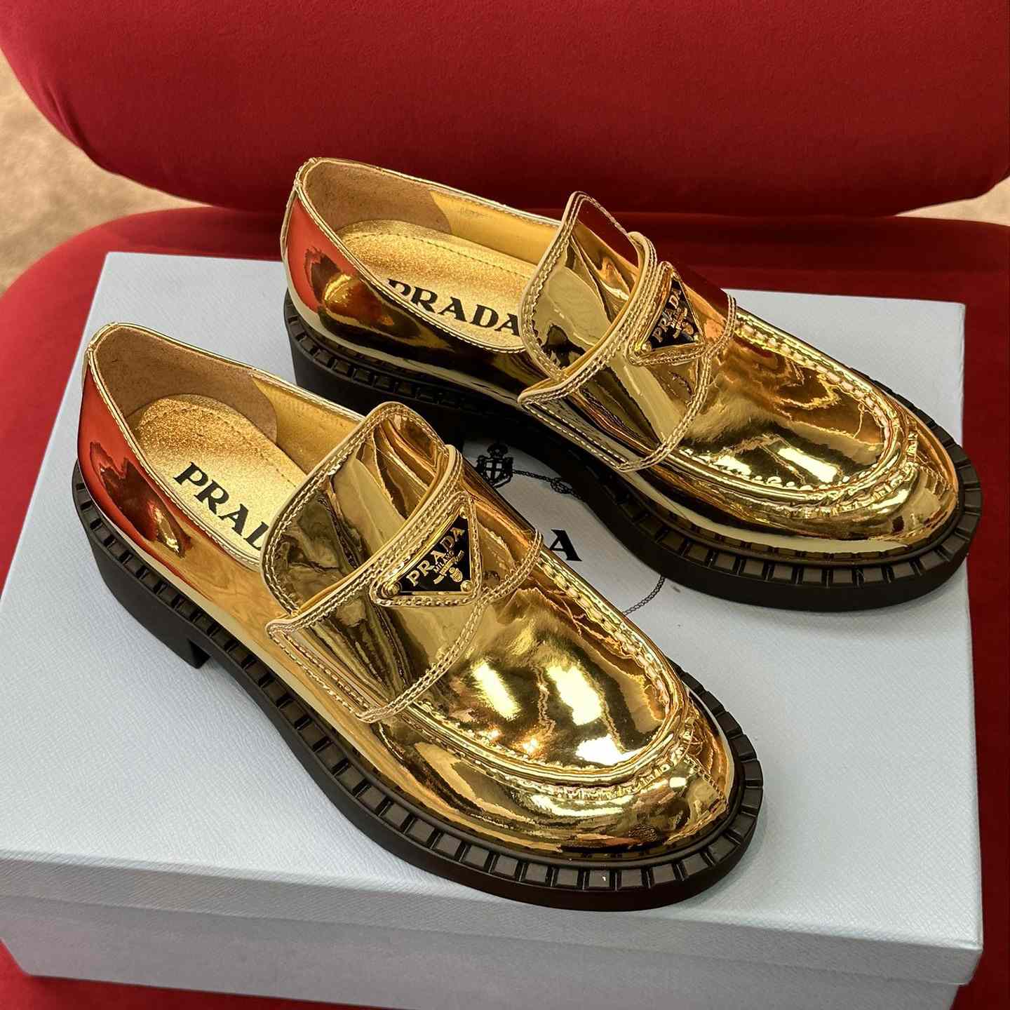 Prada Metallic Leather Loafers - EUR FASHION