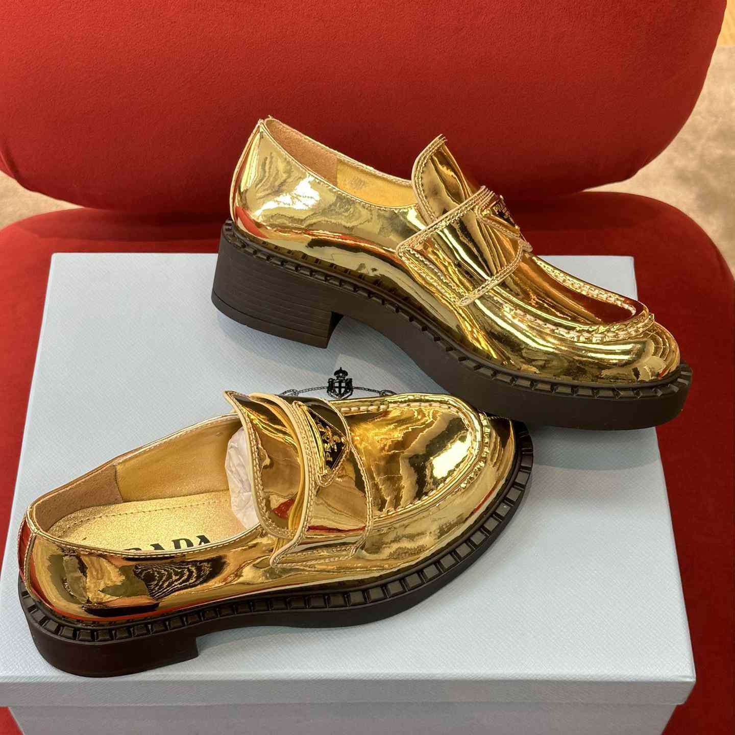 Prada Metallic Leather Loafers - EUR FASHION