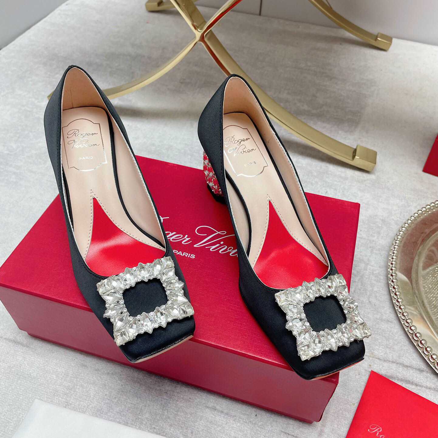 Roger Vivier Jewel Heel Rhinestone Buckle Pumps In Satin - EUR FASHION