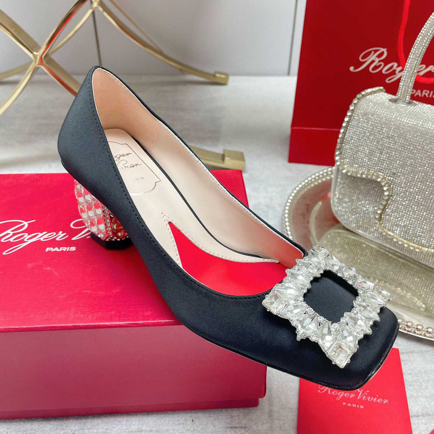 Roger Vivier Jewel Heel Rhinestone Buckle Pumps In Satin - EUR FASHION