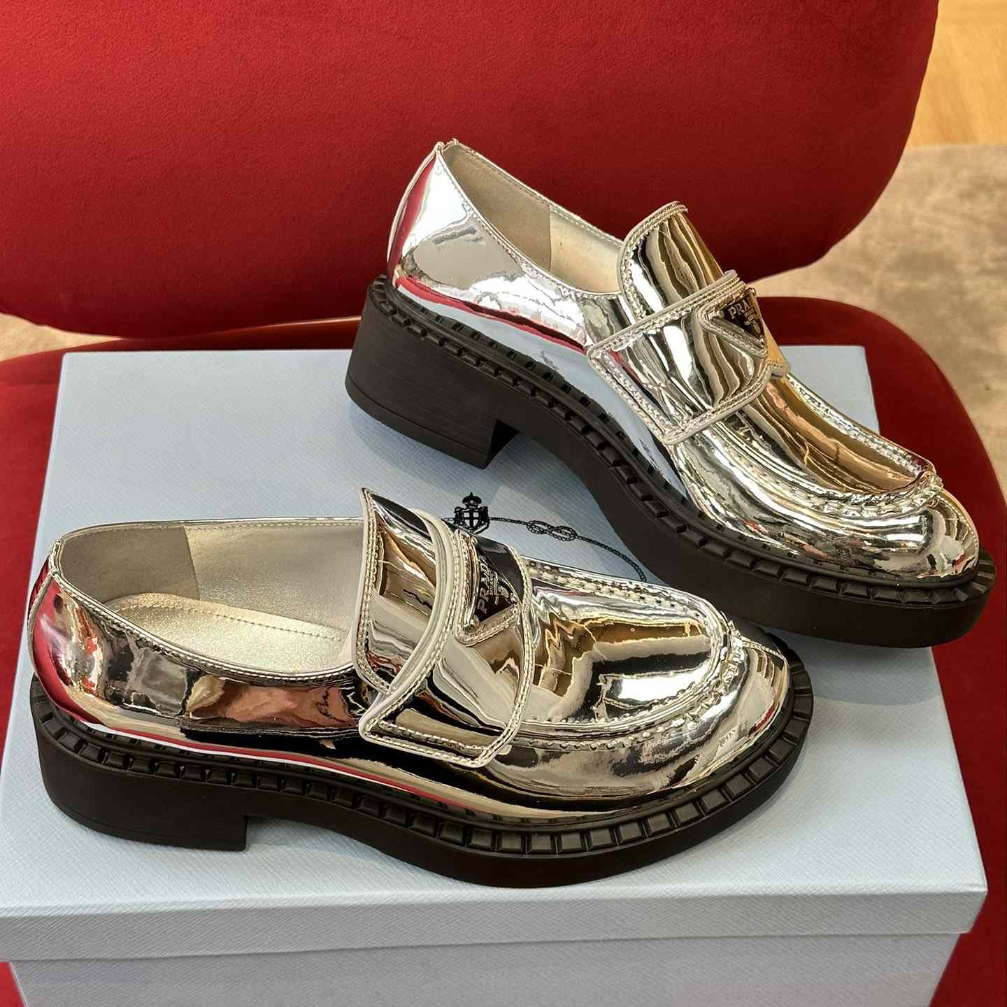 Prada Metallic Leather Loafers - EUR FASHION