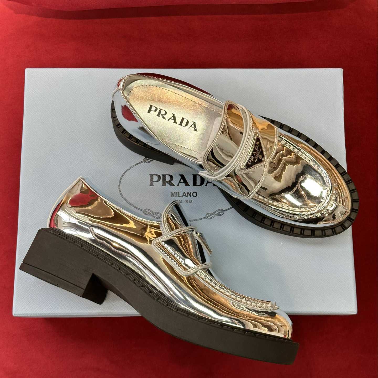 Prada Metallic Leather Loafers - EUR FASHION