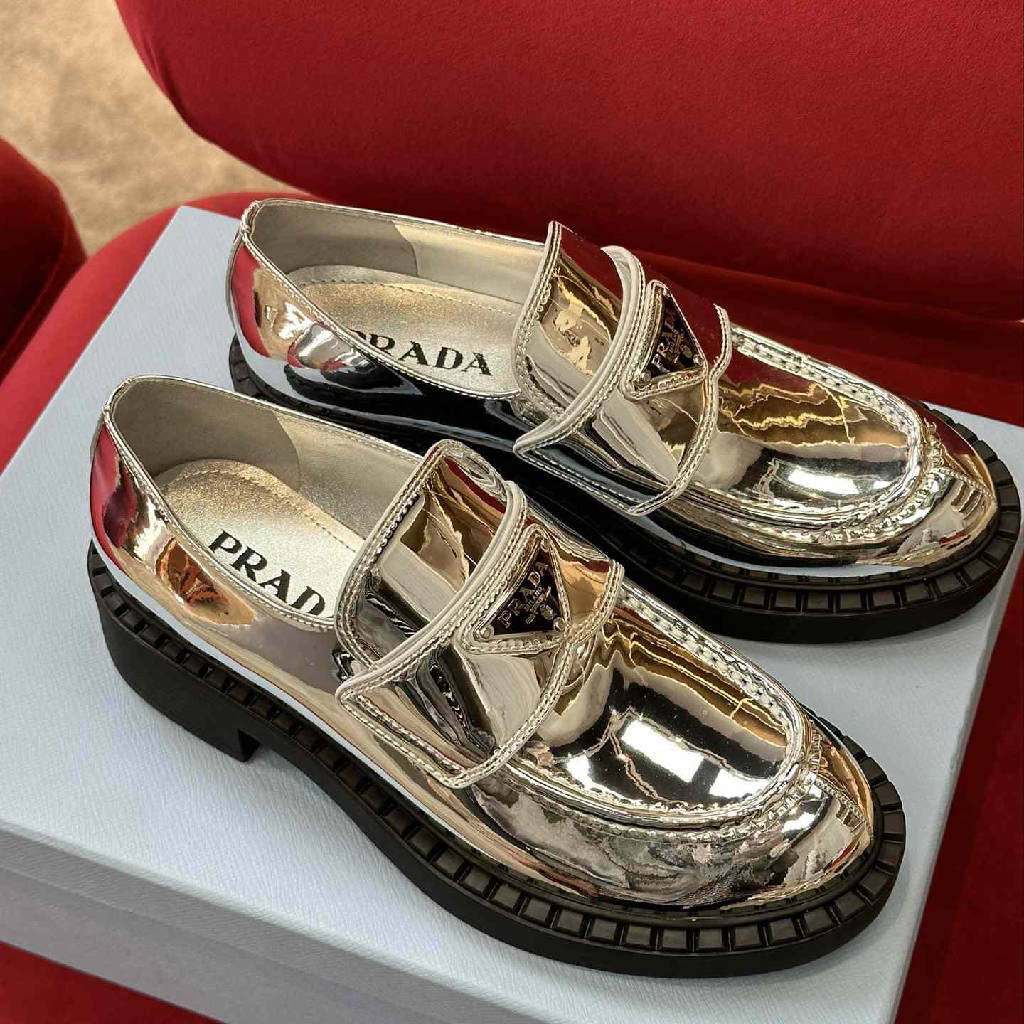 Prada Metallic Leather Loafers - EUR FASHION