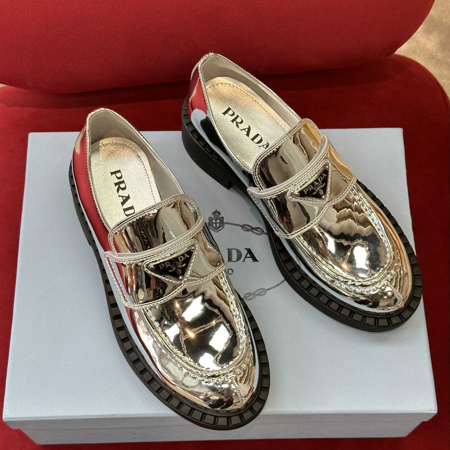 Prada Metallic Leather Loafers - EUR FASHION