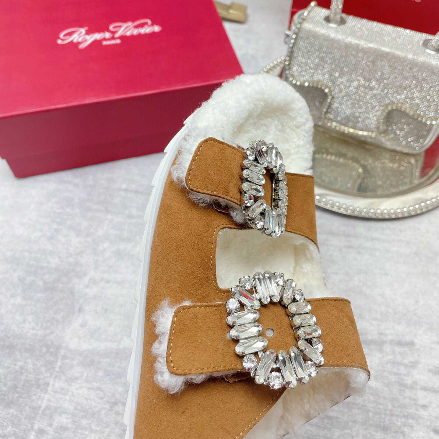 Roger Vivier Slidy Viv' Fur Strass Buckle Mukes In Suede - EUR FASHION