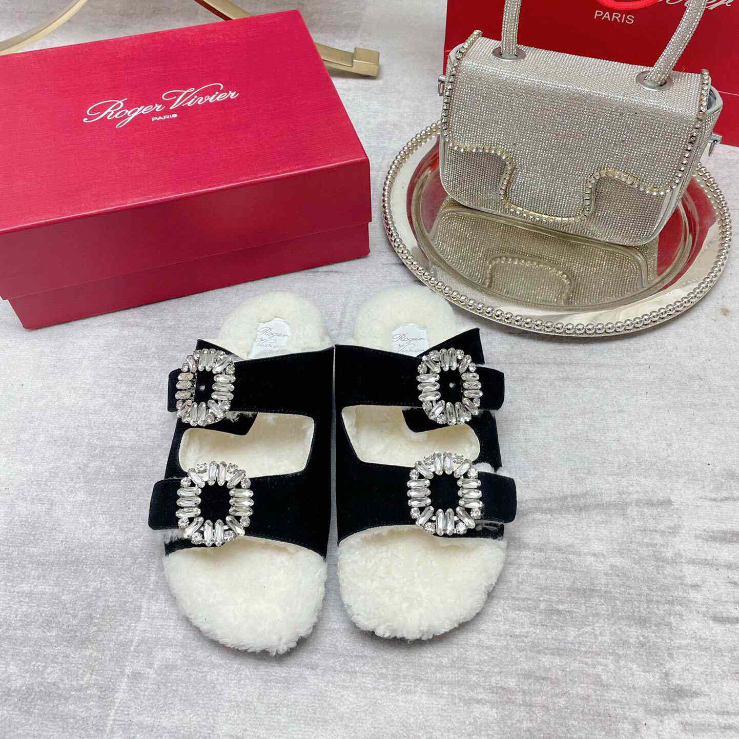 Roger Vivier Slidy Viv' Fur Strass Buckle Mules In Suede - EUR FASHION