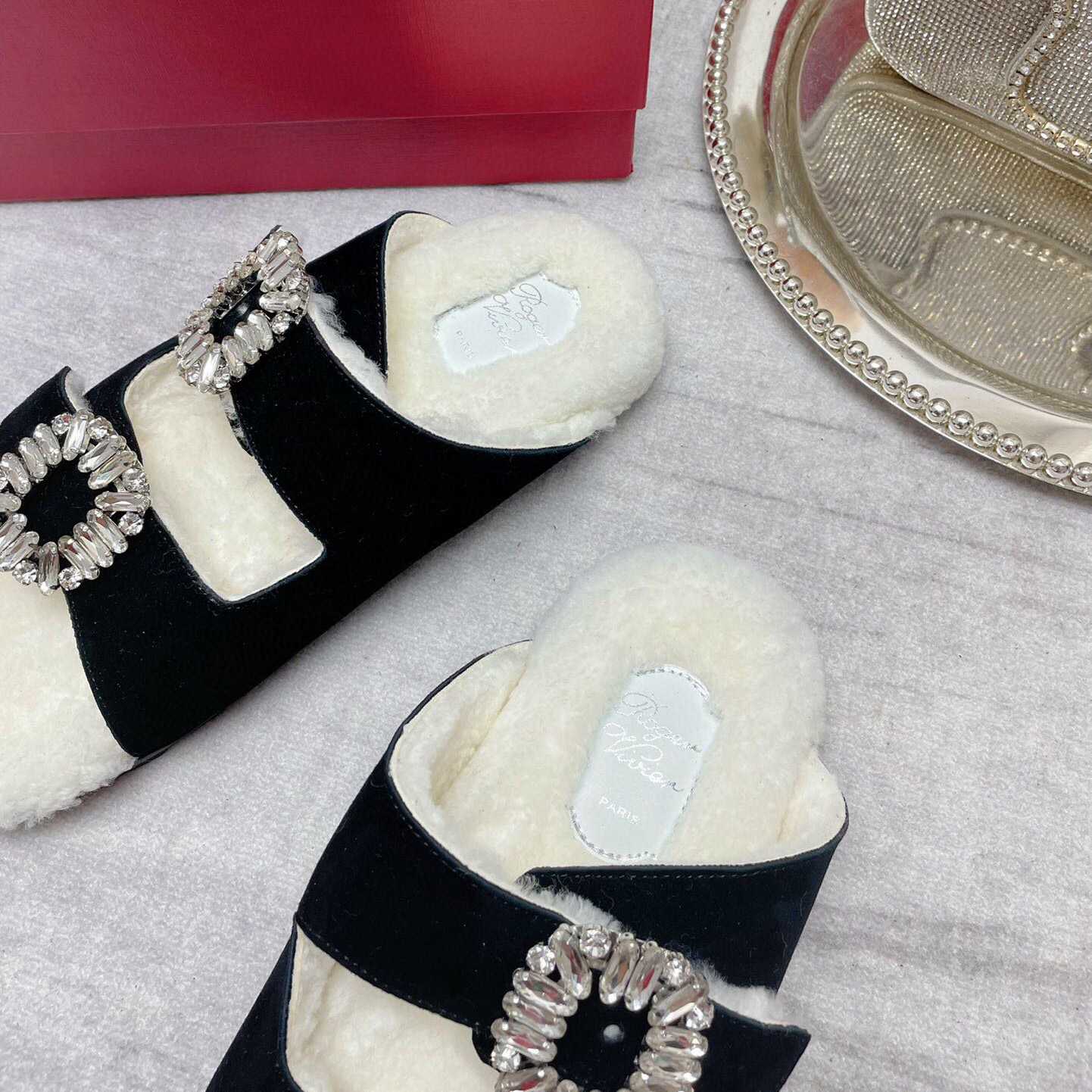 Roger Vivier Slidy Viv' Fur Strass Buckle Mules In Suede - EUR FASHION