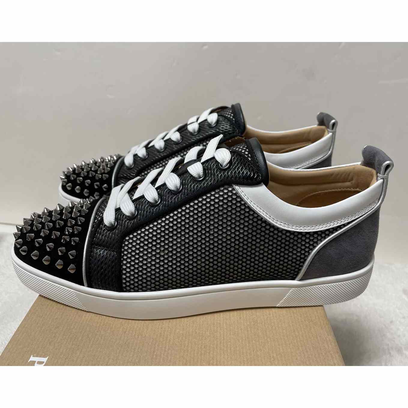 Christian Louboutin Louis Junior Spikes Suede-Trimmed Mesh And Leather Sneakers - EUR FASHION