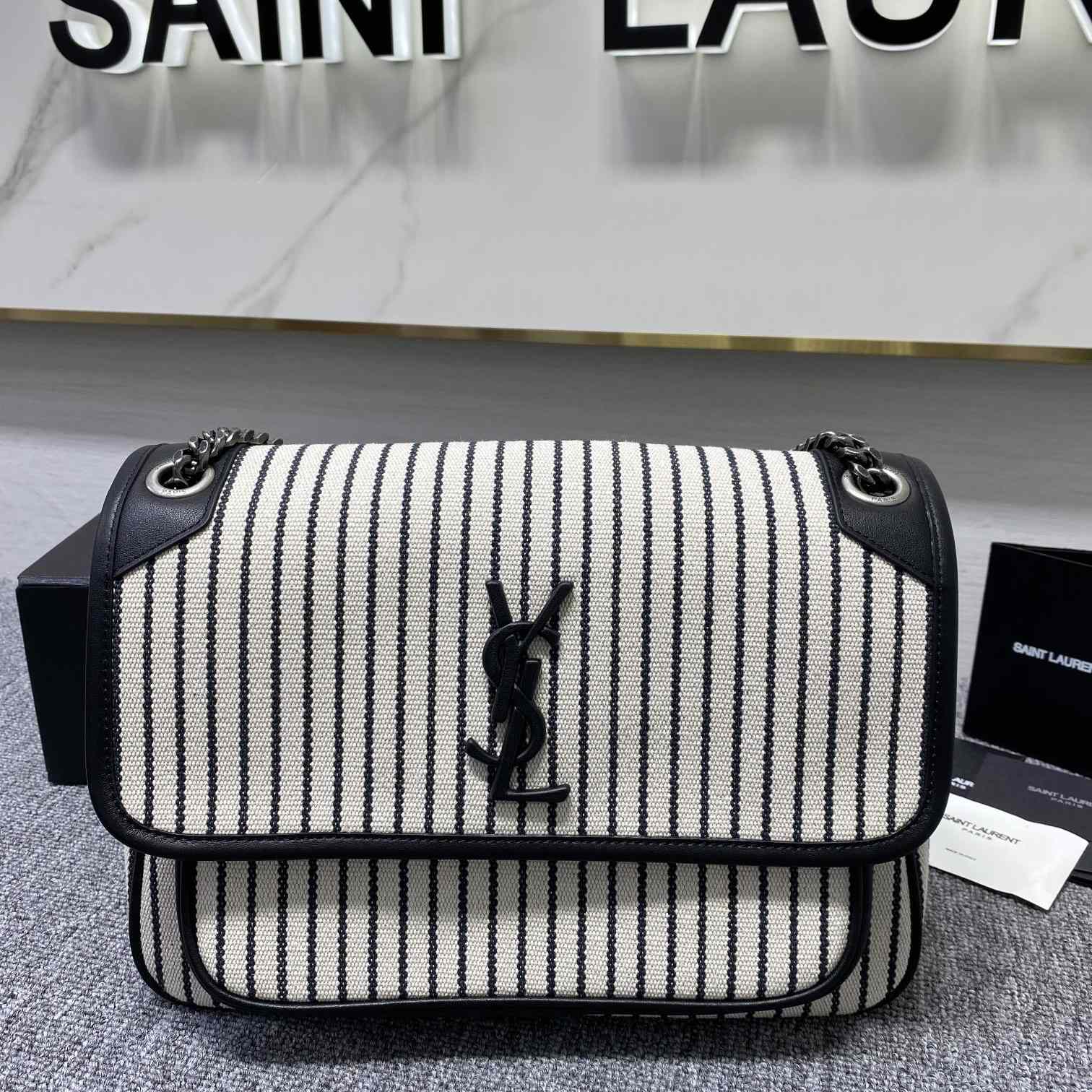 Saint Laurent Women's Niki Medium Striped Canvas Shoulder Bag (28cm) - EUR FASHION