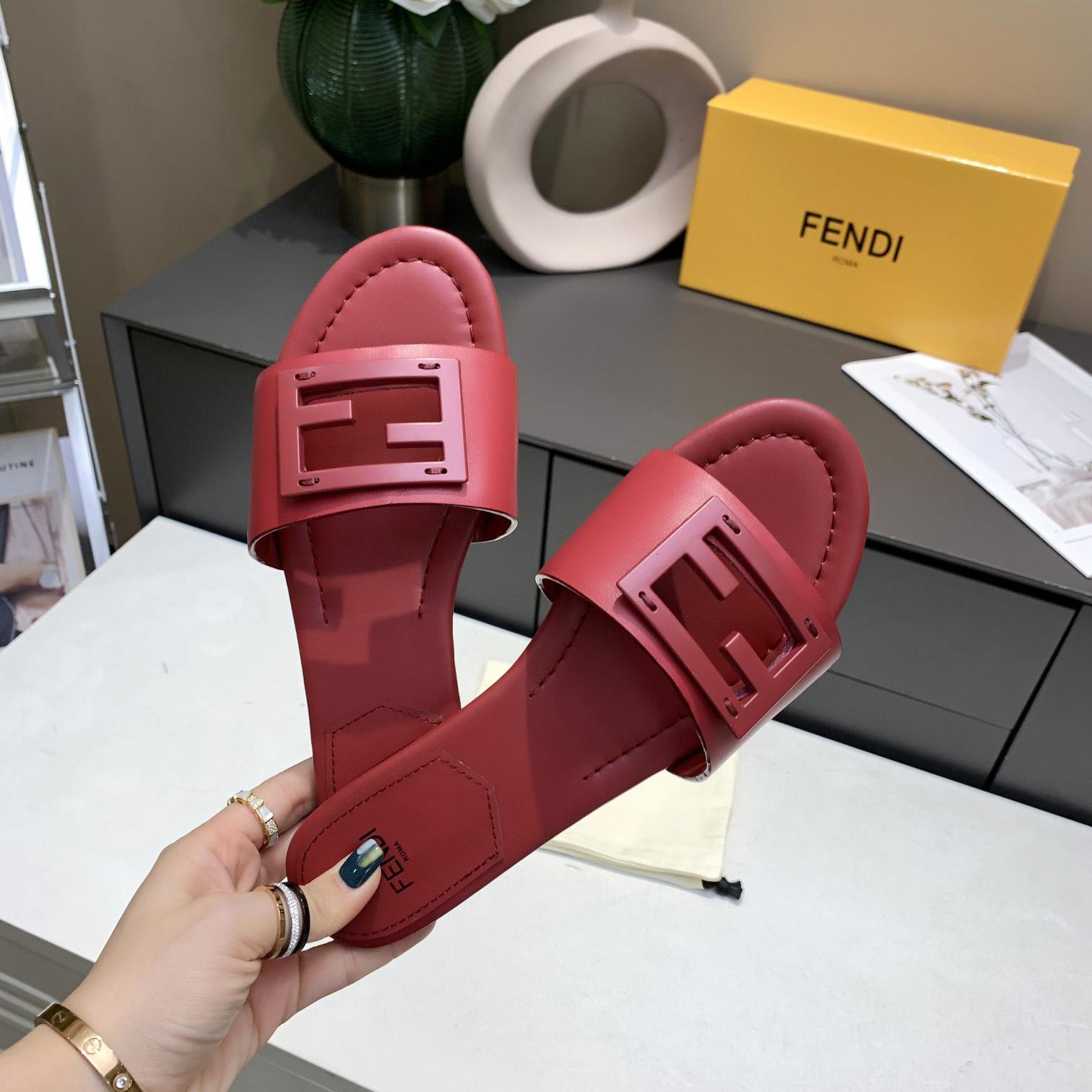 Fendi Signature Red Leather Slides - EUR FASHION