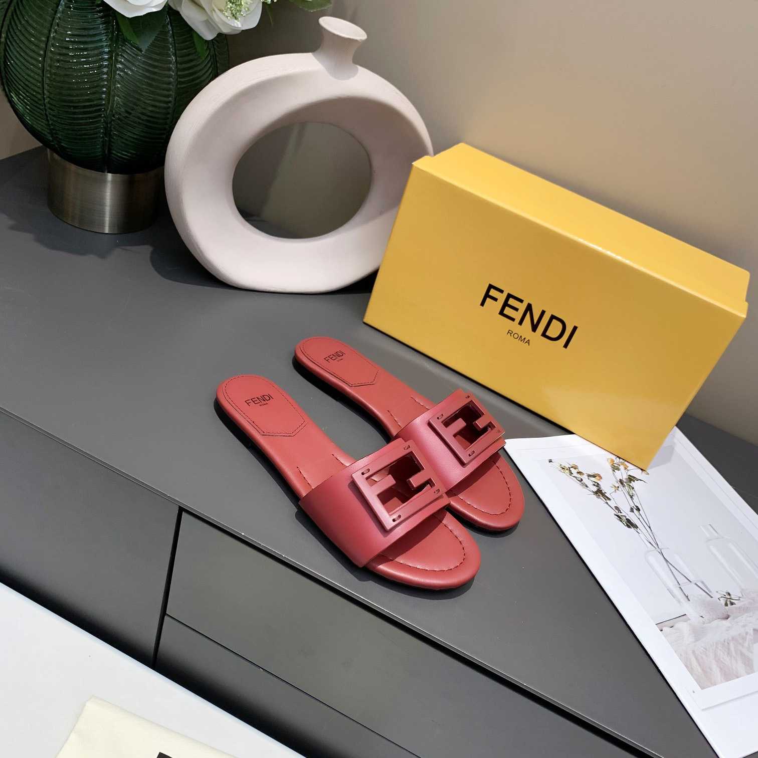 Fendi Signature Red Leather Slides - EUR FASHION