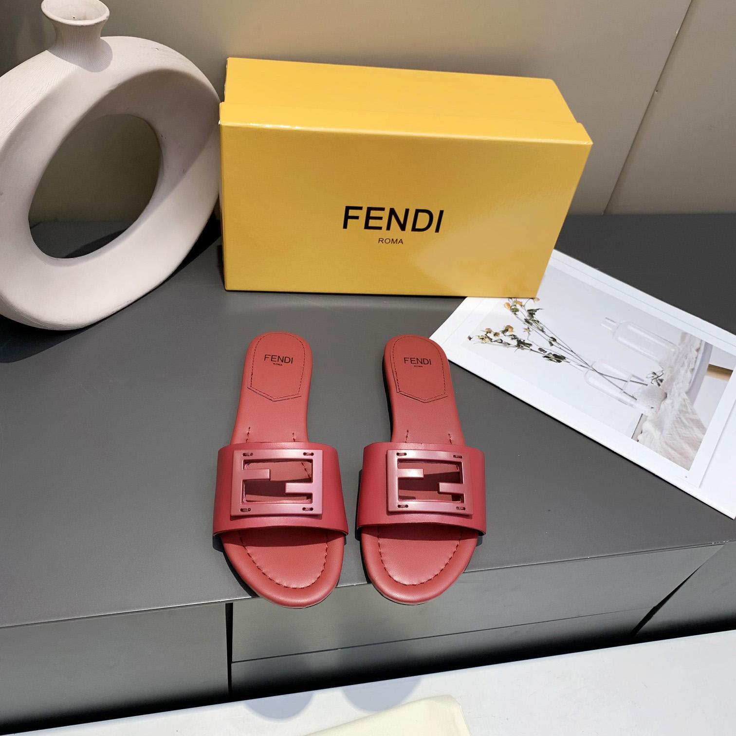 Fendi Signature Red Leather Slides - EUR FASHION