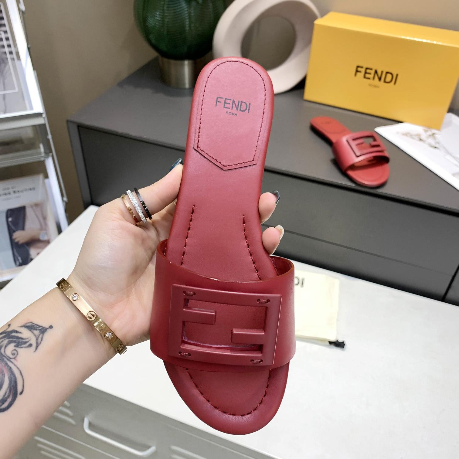 Fendi Signature Red Leather Slides - EUR FASHION