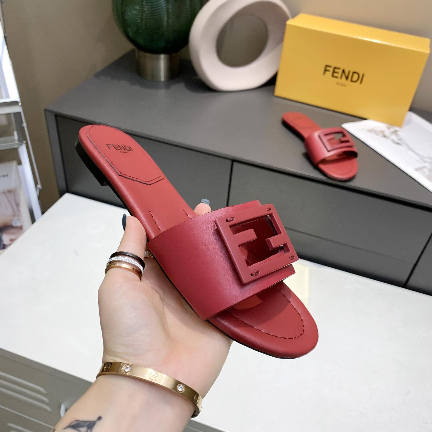 Fendi Signature Red Leather Slides - EUR FASHION