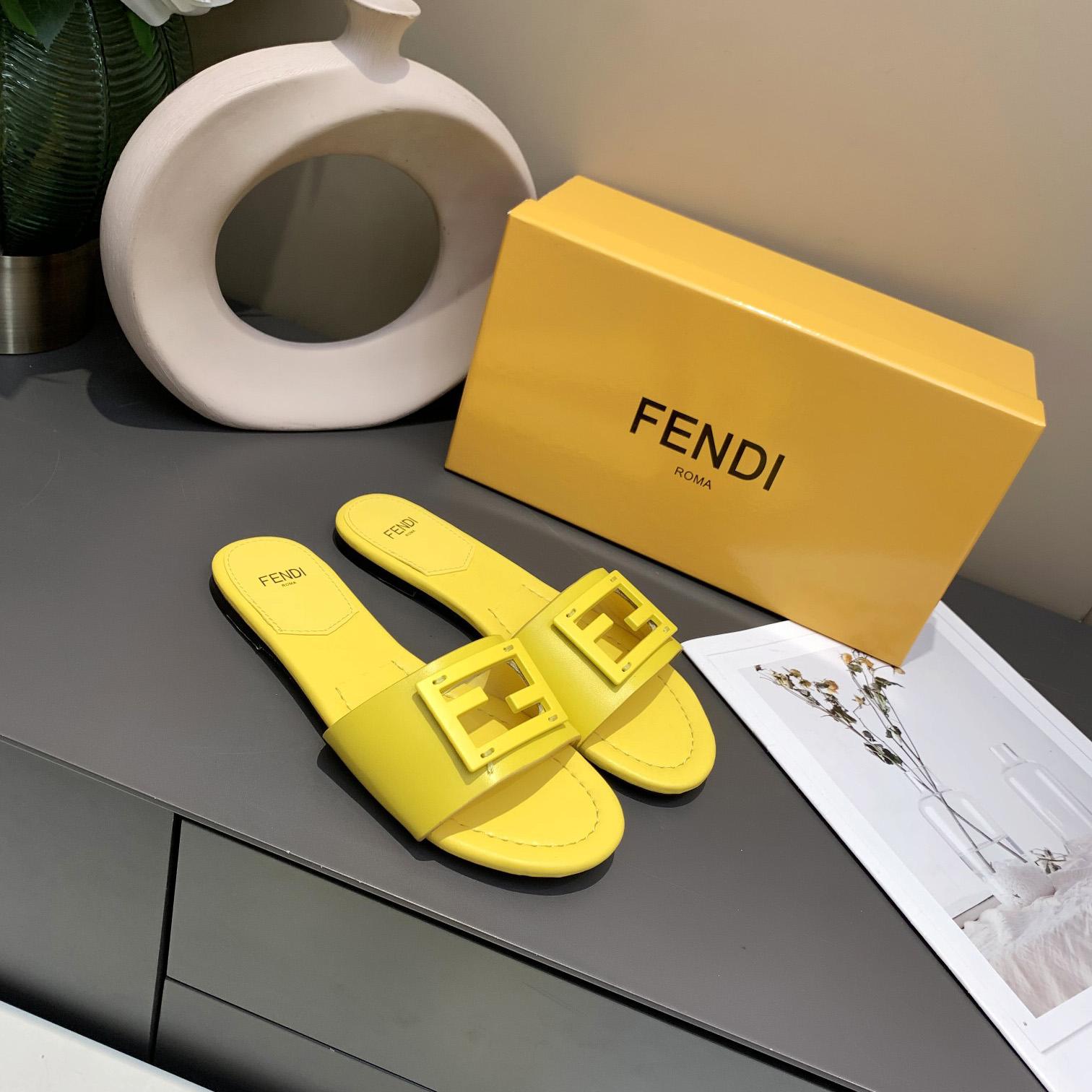 Fendi Signature Yellow Leather Slides - EUR FASHION