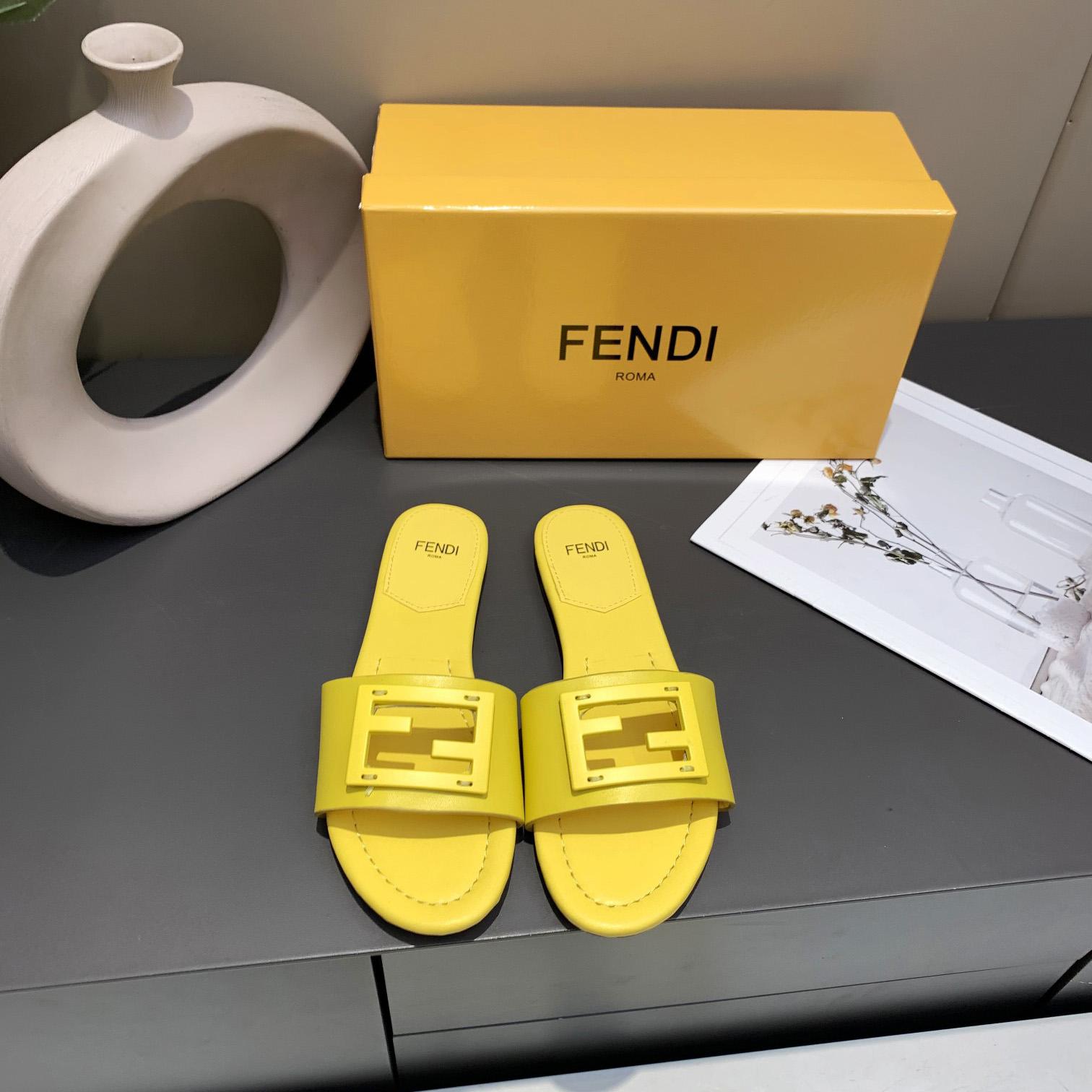 Fendi Signature Yellow Leather Slides - EUR FASHION