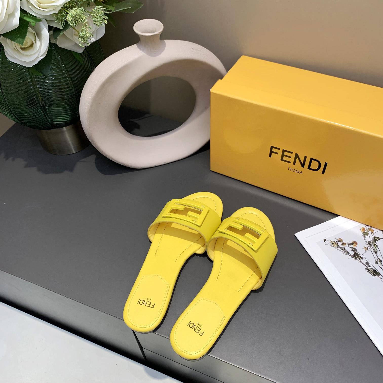 Fendi Signature Yellow Leather Slides - EUR FASHION