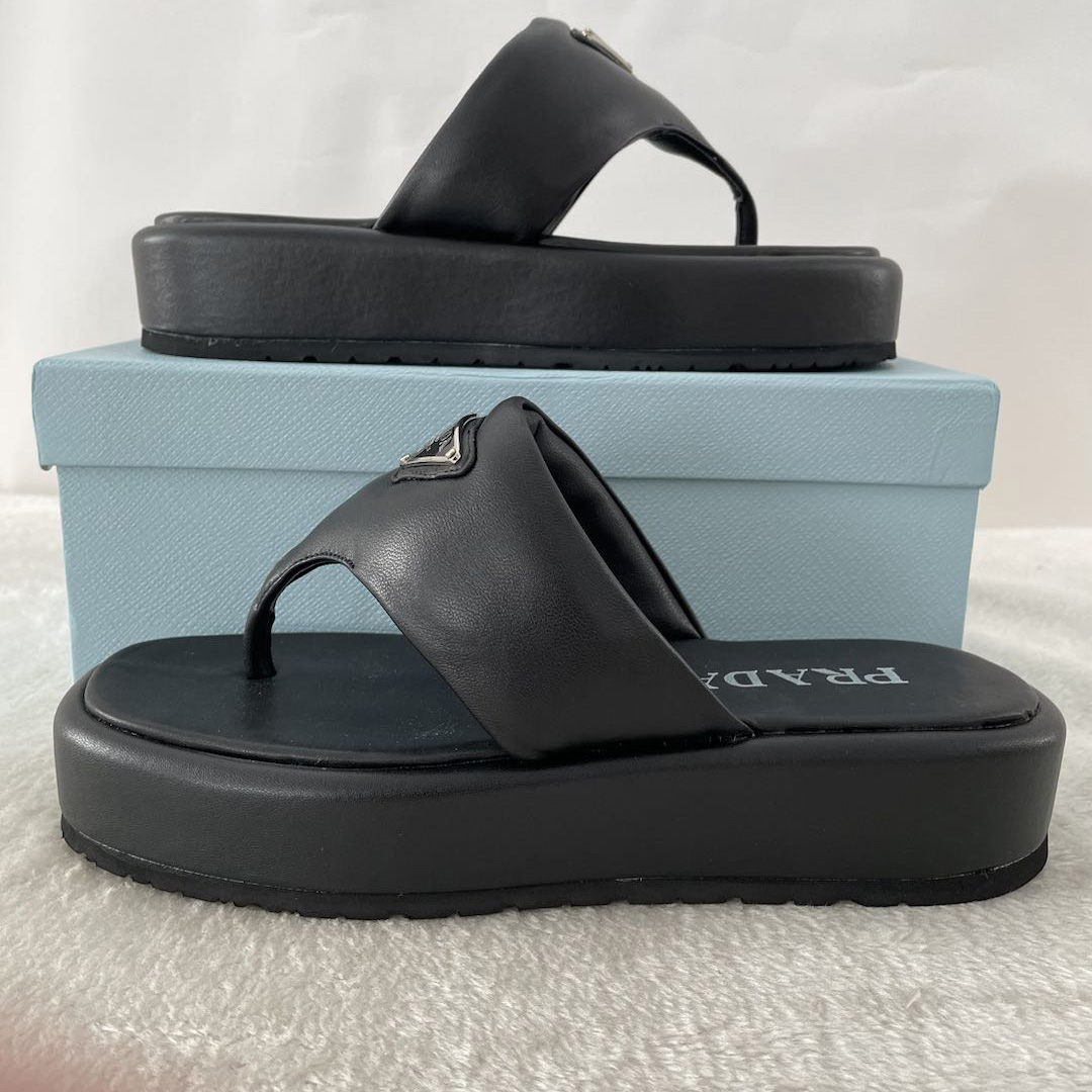 Prada Soft Padded Nappa Leather Thong Wedge Sandals - EUR FASHION