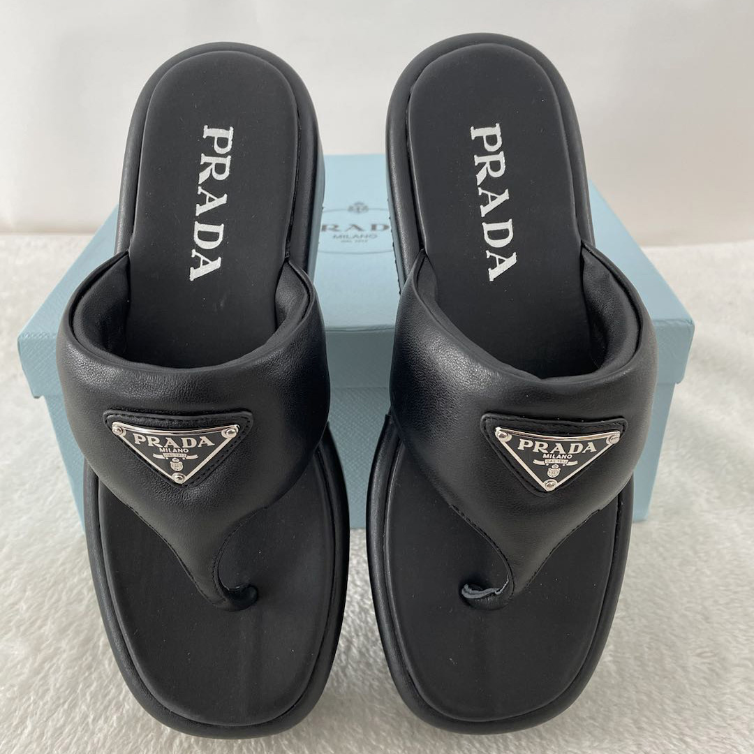 Prada Soft Padded Nappa Leather Thong Wedge Sandals - EUR FASHION