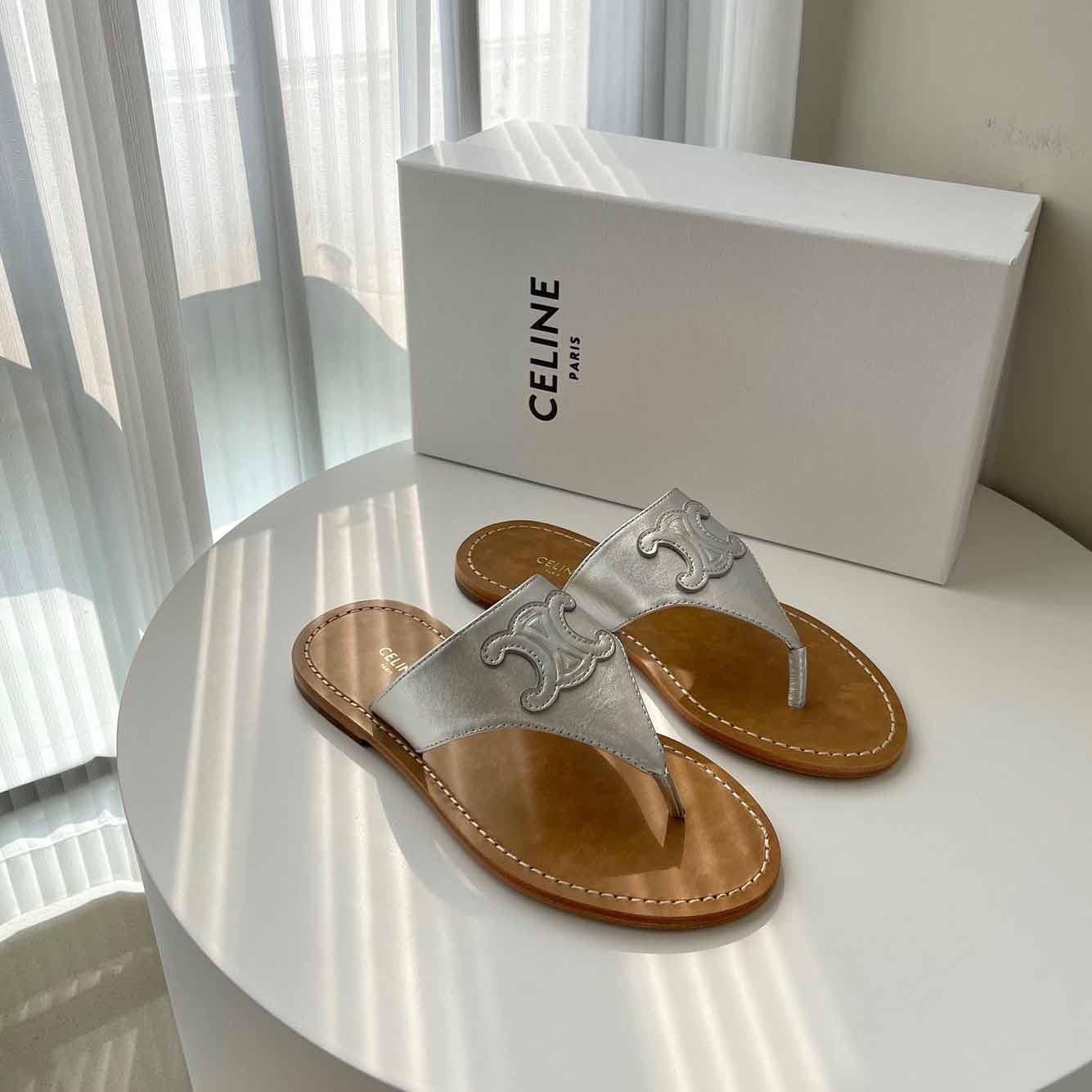 Celine Triomphe Flat Thong In Metalized Calfskin Silver - EUR FASHION