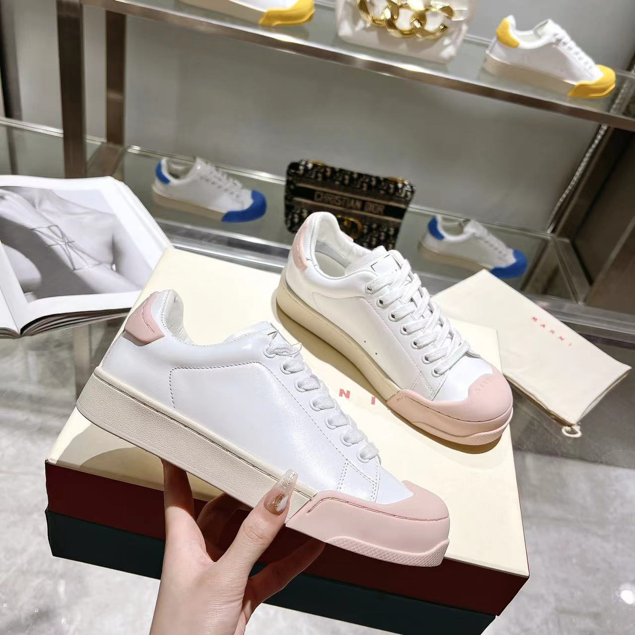 Marni Dada Bumper Sneaker In White And Pink Leather - EUR FASHION