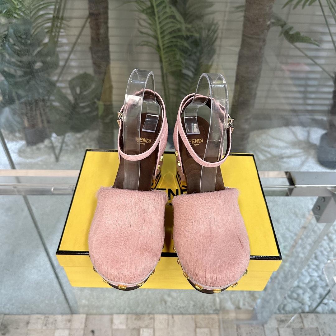 Fendi Baguette Show Pink pony Hair High-heeled Clogs - EUR FASHION