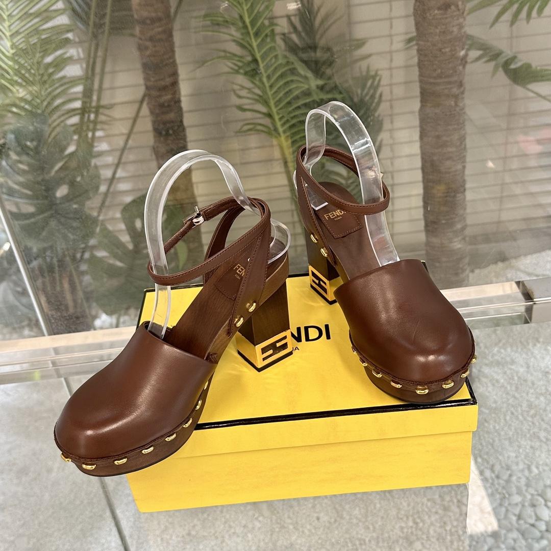 Fendi Baguette Show Brown Leather High-heeled Clogs - EUR FASHION