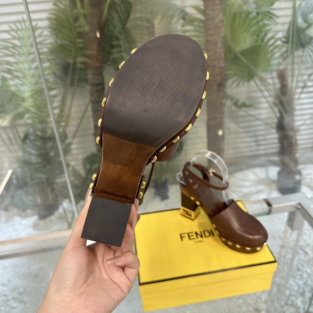 Fendi Baguette Show Brown Leather High-heeled Clogs - EUR FASHION