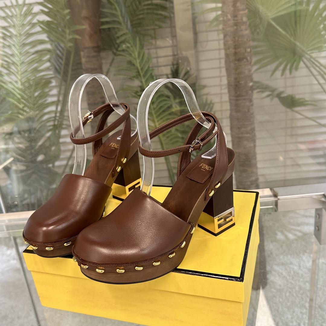 Fendi Baguette Show Brown Leather High-heeled Clogs - EUR FASHION