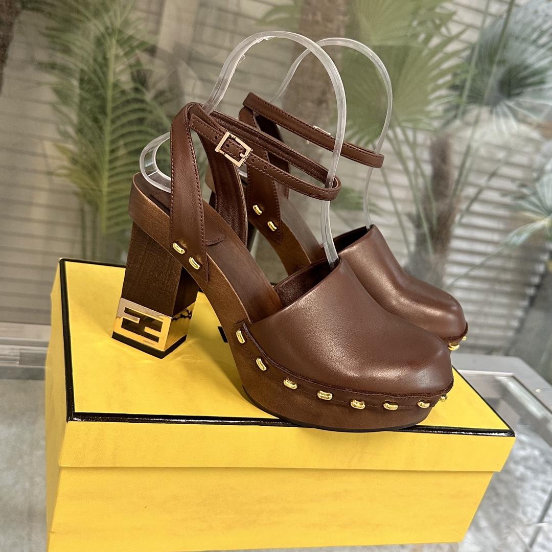 Fendi Baguette Show Brown Leather High-heeled Clogs - EUR FASHION