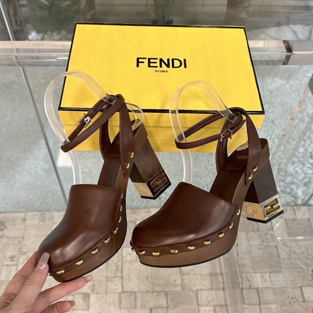 Fendi Baguette Show Brown Leather High-heeled Clogs - EUR FASHION