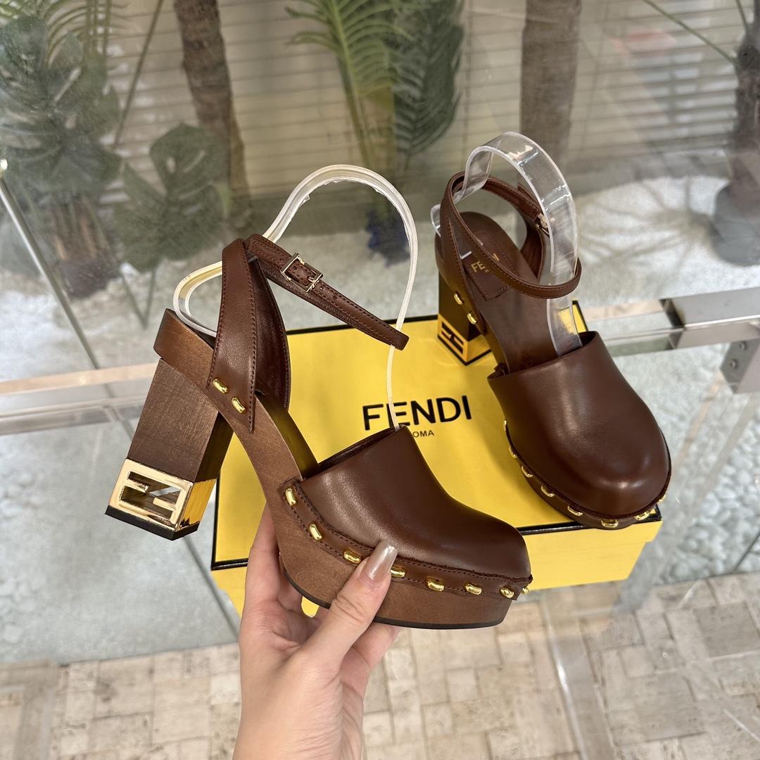 Fendi Baguette Show Brown Leather High-heeled Clogs - EUR FASHION