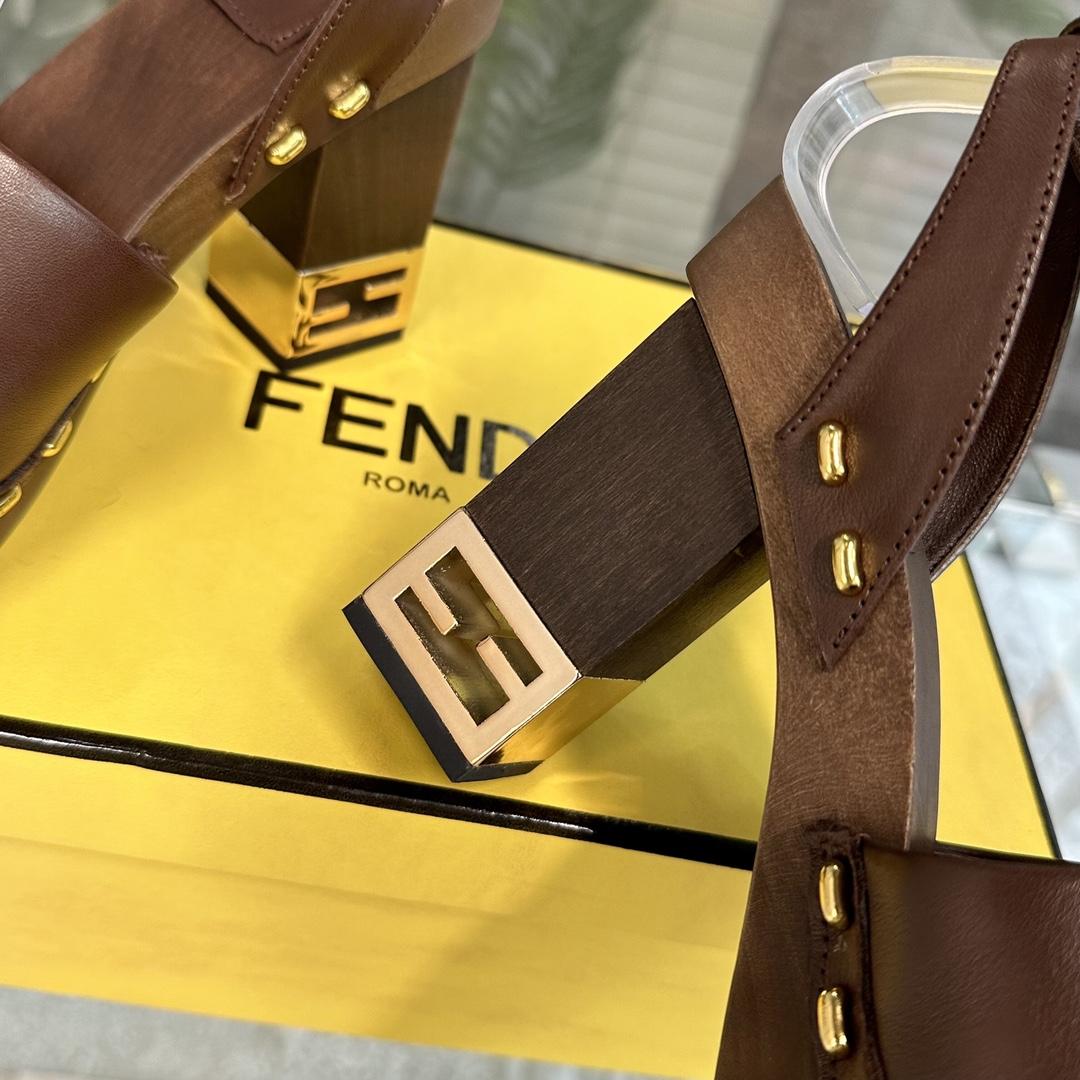 Fendi Baguette Show Brown Leather High-heeled Clogs - EUR FASHION