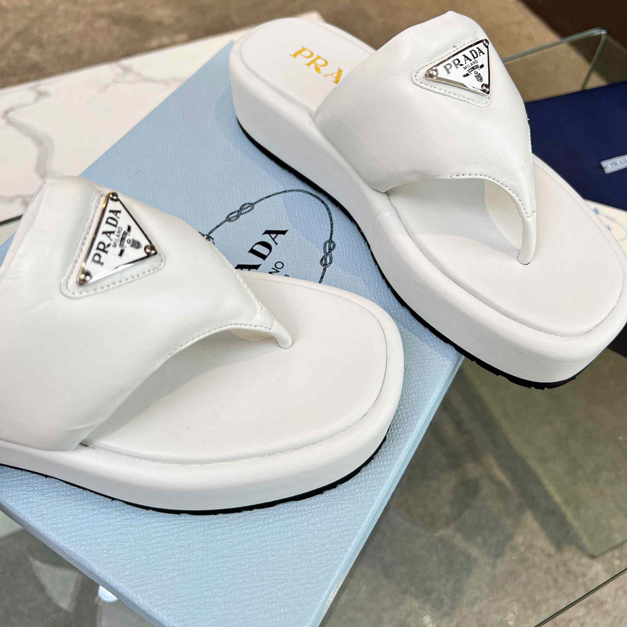 Prada Soft Padded Nappa Leather Thong Wedge Sandals - EUR FASHION