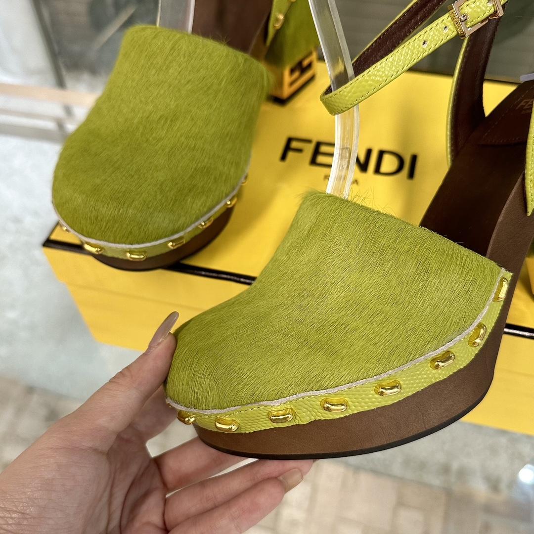 Fendi Baguette Show Green Pony Hair High-heeled Clogs - EUR FASHION