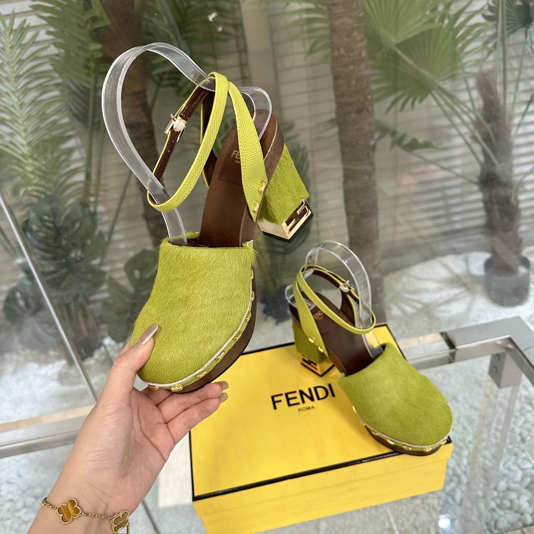 Fendi Baguette Show Green Pony Hair High-heeled Clogs - EUR FASHION