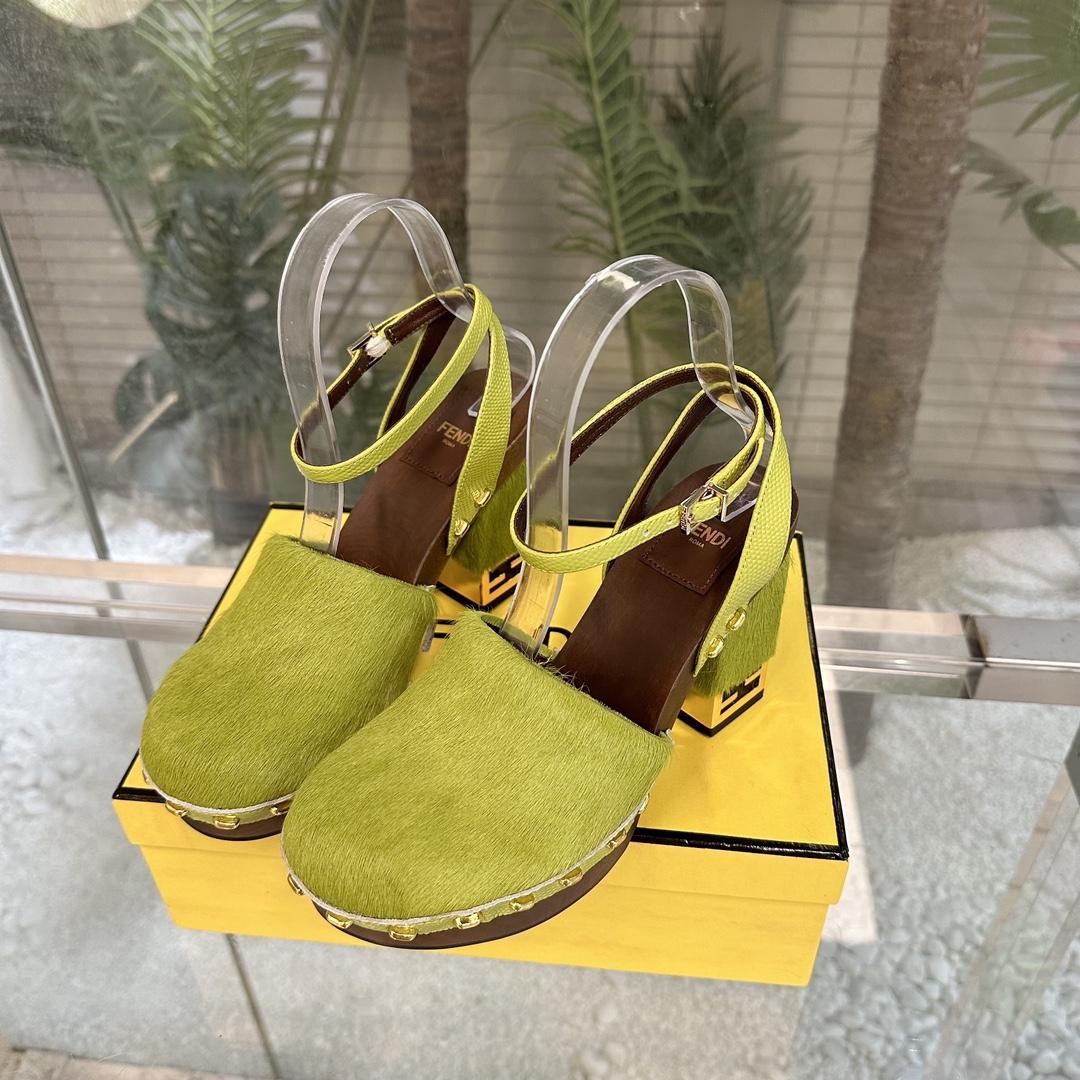 Fendi Baguette Show Green Pony Hair High-heeled Clogs - EUR FASHION