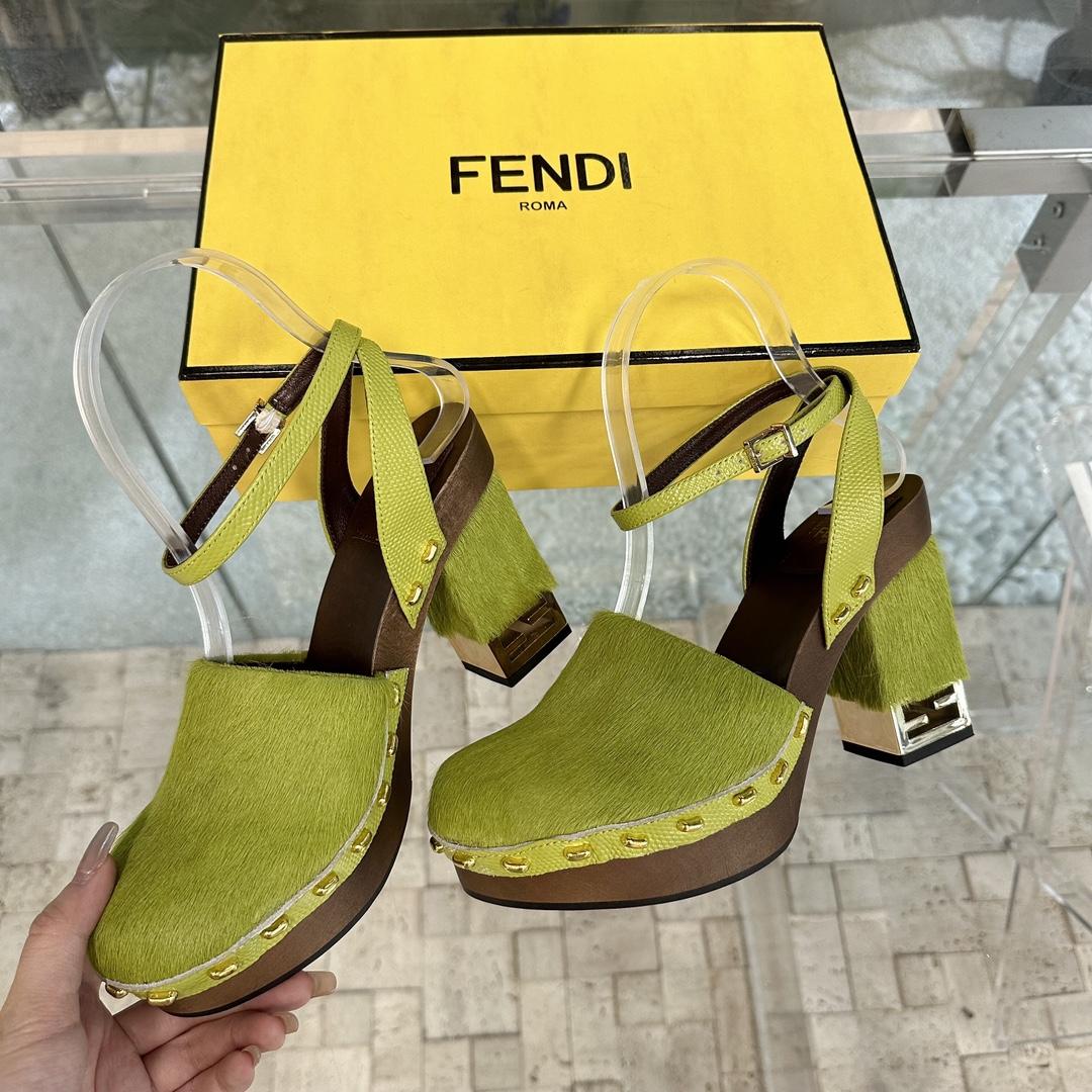 Fendi Baguette Show Green Pony Hair High-heeled Clogs - EUR FASHION