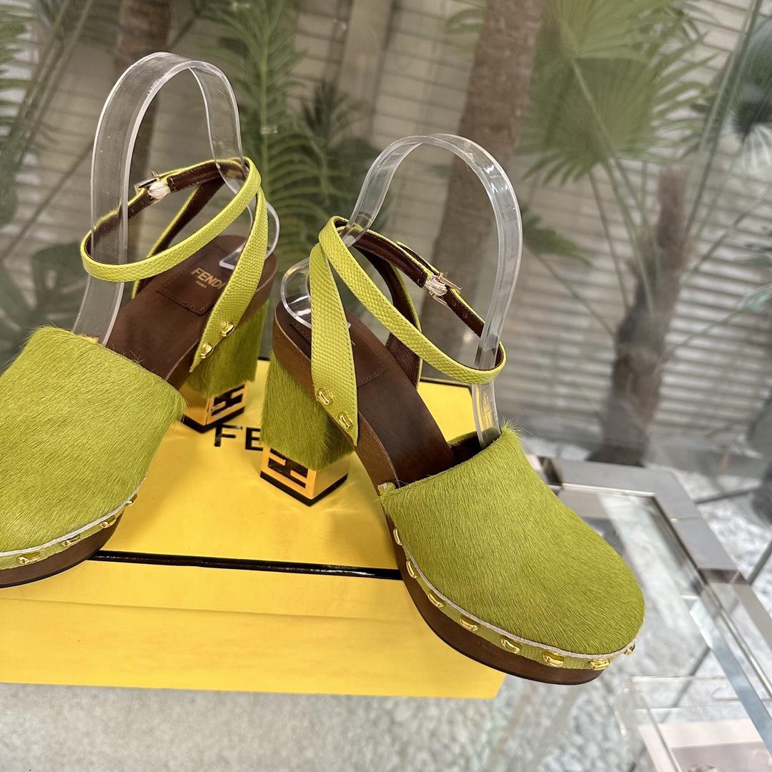 Fendi Baguette Show Green Pony Hair High-heeled Clogs - EUR FASHION