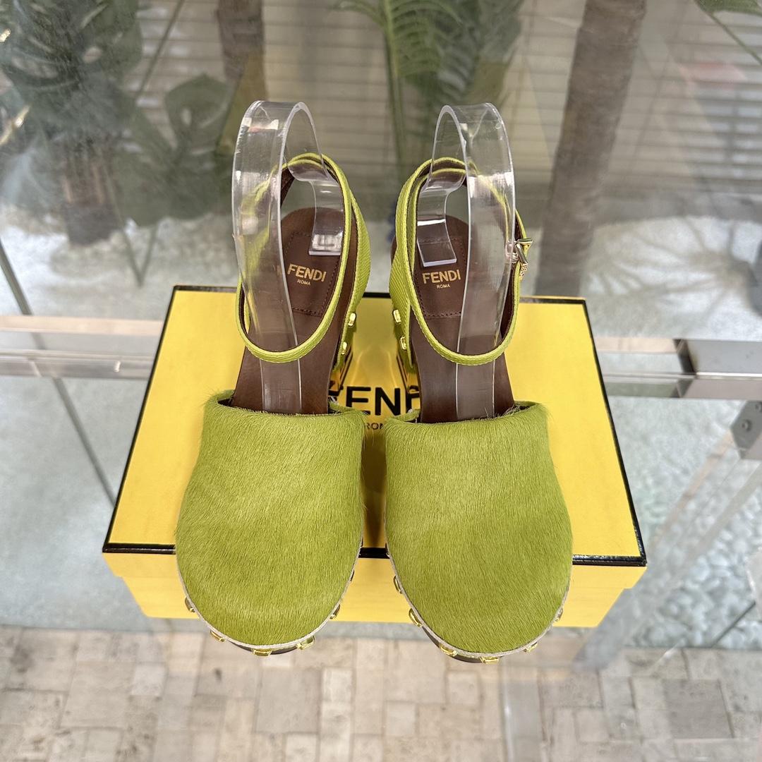 Fendi Baguette Show Green Pony Hair High-heeled Clogs - EUR FASHION