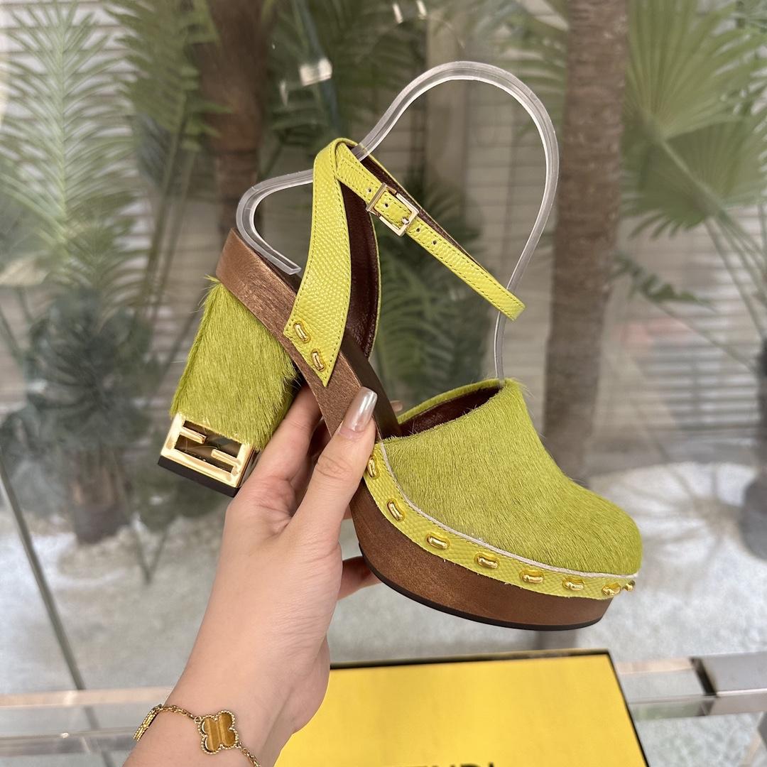 Fendi Baguette Show Green Pony Hair High-heeled Clogs - EUR FASHION