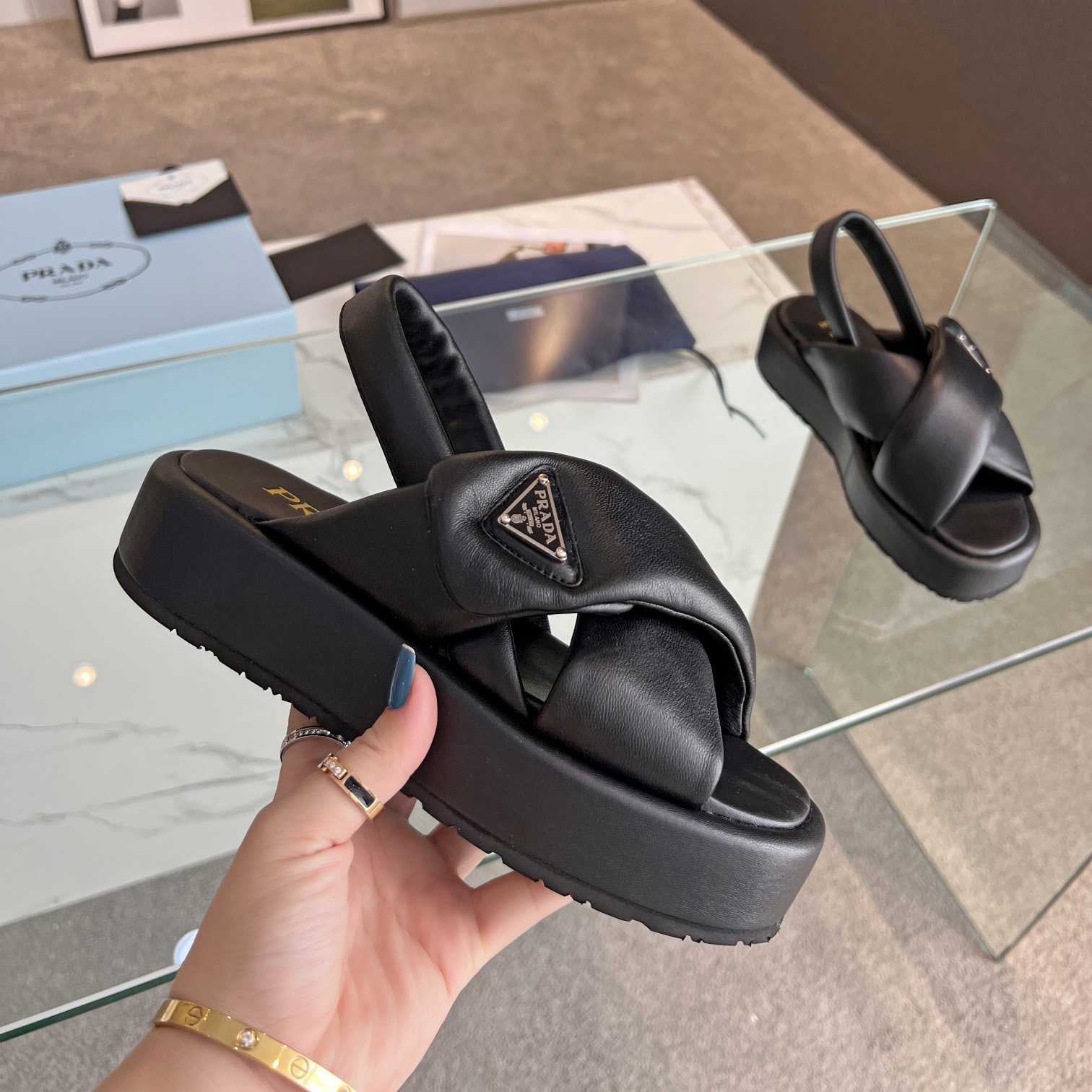 Prada Soft Padded Nappa Leather Wedge Sandals - EUR FASHION