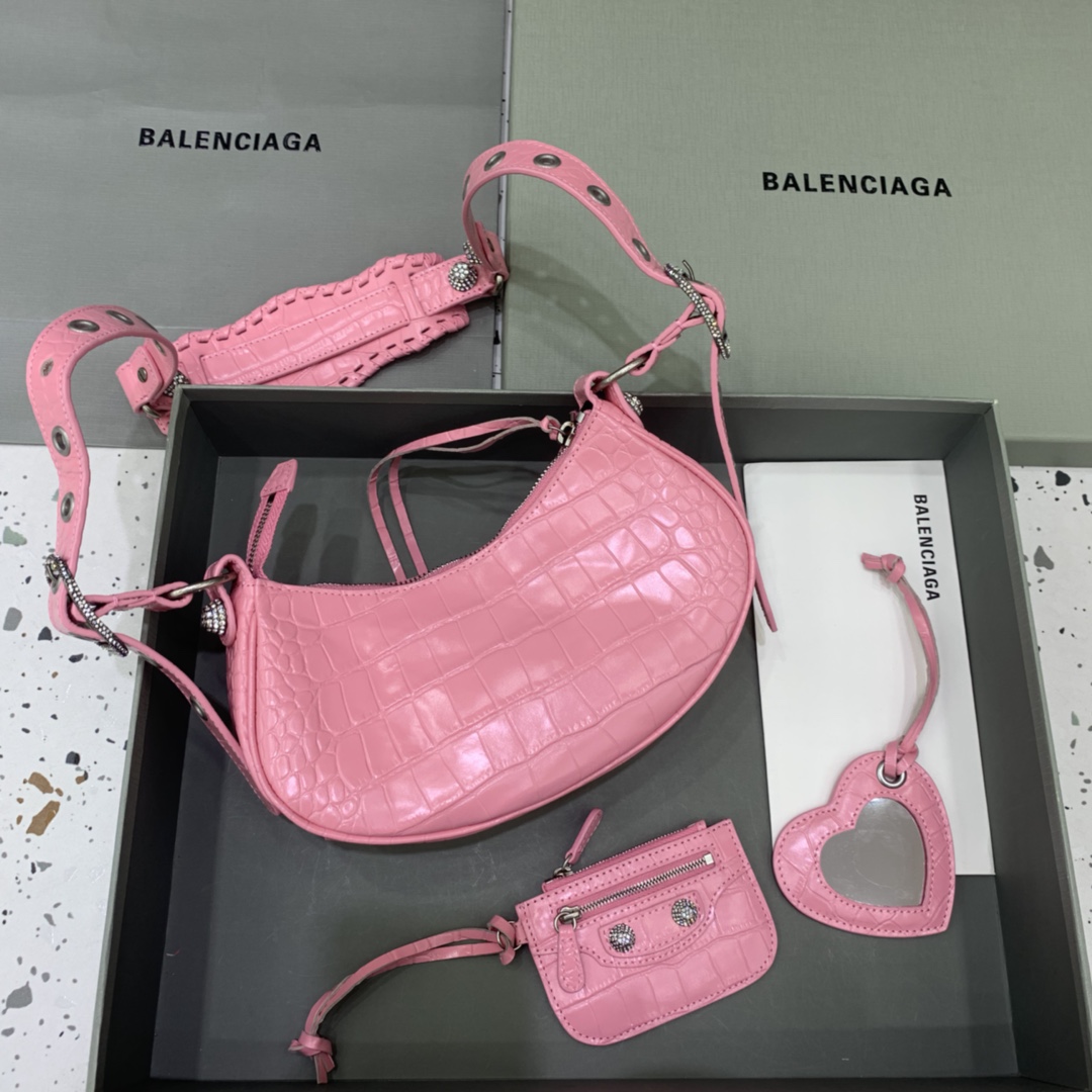 Balenciaga Le Cagole Small Shoulder Bag Crocodile Embossed In Pink - EUR FASHION