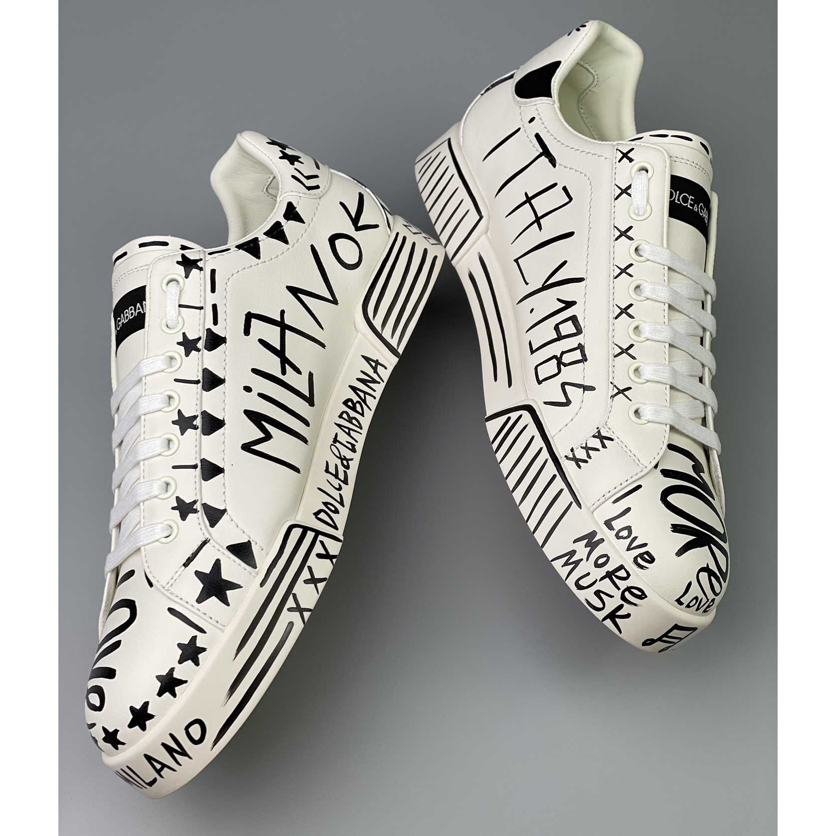 Dolce & Gabbana Hand-painted Calfskin Portofino Sneakers - EUR FASHION