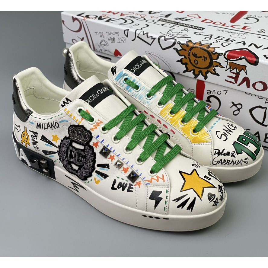 Dolce & Gabbana Calfskin Portofino Sneakers With Embroidery And Studs - EUR FASHION