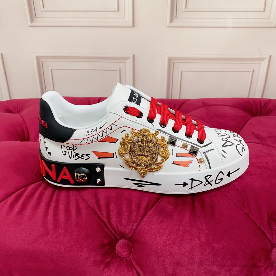 Dolce & Gabbana Calfskin Portofino Sneakers With Embroidery And Studs - EUR FASHION