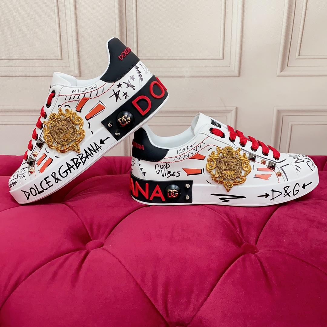 Dolce & Gabbana Calfskin Portofino Sneakers With Embroidery And Studs - EUR FASHION