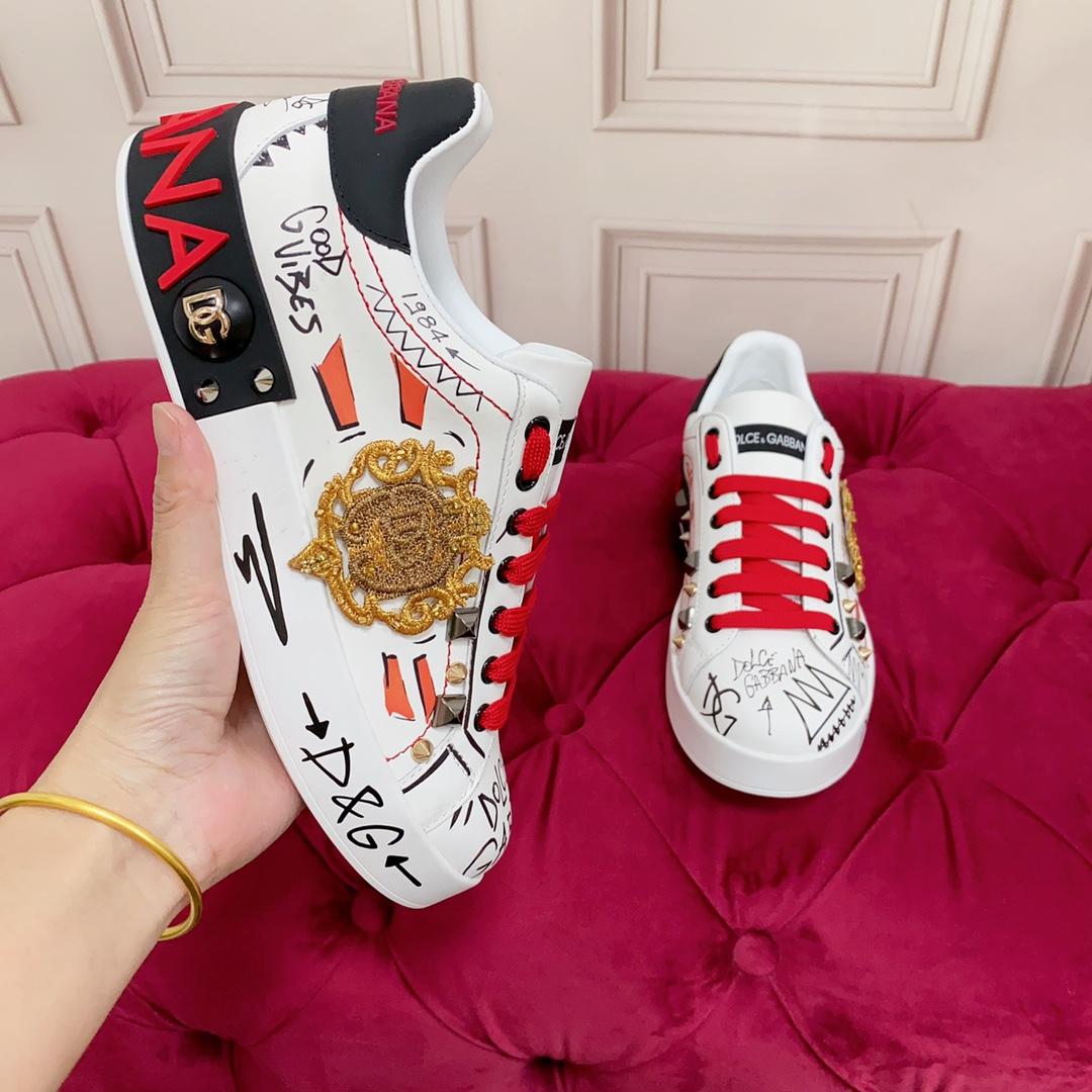 Dolce & Gabbana Calfskin Portofino Sneakers With Embroidery And Studs - EUR FASHION